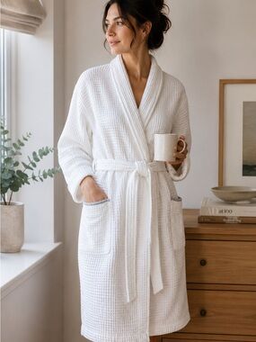 Boll & Branch Organic Cotton Waffle Spa Robe White Shore Size Large